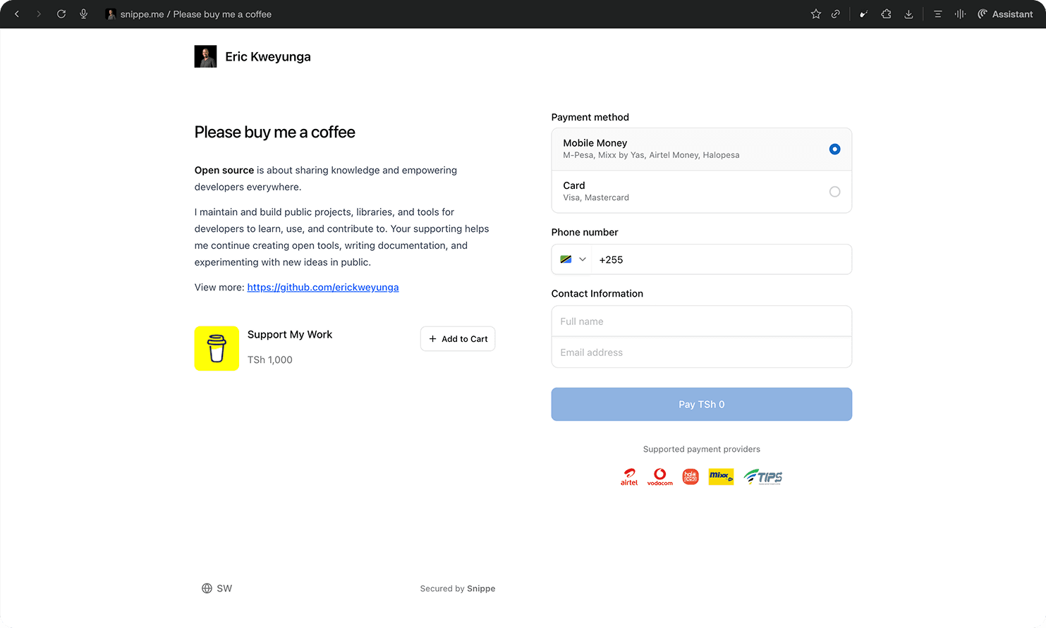Snippe Me payment page example
